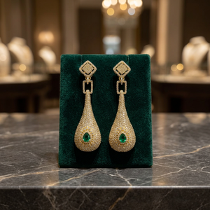 Elegant 10KT Gold Green <b>Emerald</b> Stone Designer Earrings with 7-8CT Lab Grown Diamonds High Quality Wedding Jewelry - Product Image 1