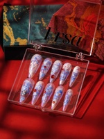 Ongles en acrylique en forme d'amande à presser, motif dragon azur peint à la main, strass rouges, base transparente irisée, personnalisable
