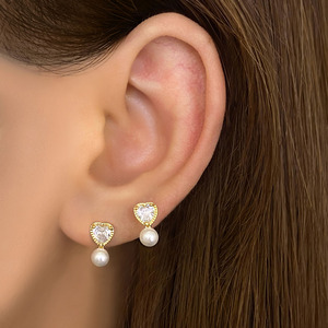 Korean Trendy 18k Gold Plated Waterproof Cubic Zirconia Pearl Heart Stud Earrings for Women - Product Image 2