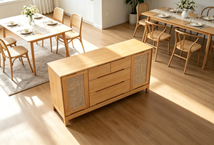 Modern Solid Wood Living Room Cabinet with 3 Drawers and Woven Panel Doors Scandinavian Design Storage Furniture - Product Image 6