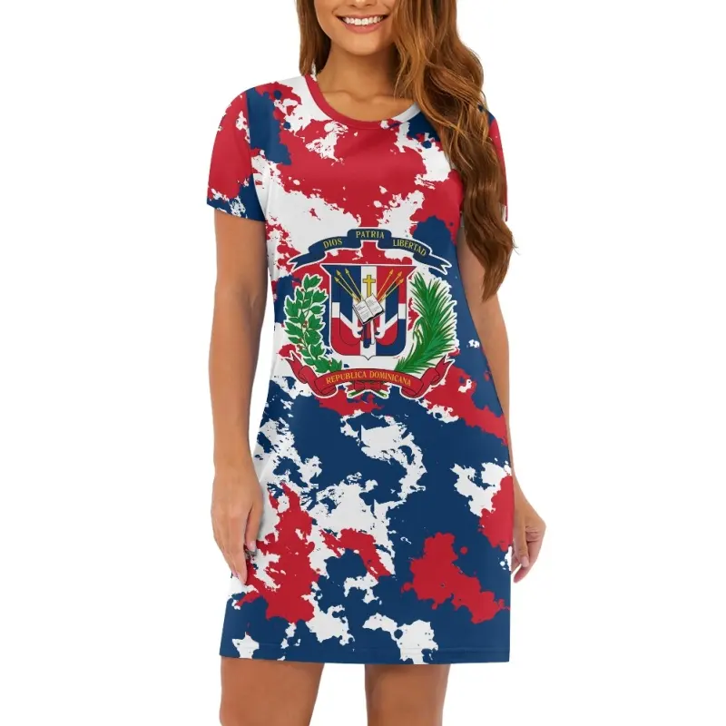 Übergröße Dominikanisches Damen-Wappen Tarnkinddruck Freizeitkleider mini lockeres T-Shirt-Kleid mit Logo individuelle Übergrößenkleider