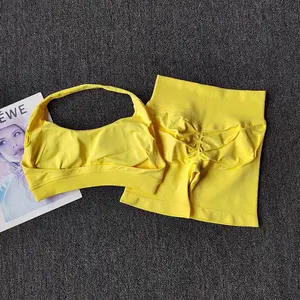 Completo da yoga da 2 pezzi per donna, abbigliamento fitness senza cuciture, reggiseno sportivo con lacci al collo, pantaloncini abbinati, set da allenamento, completo da palestra. - Product Image 2