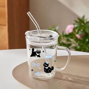 Cartoon Glass <b>Straw</b> <b>Cup</b> With Handle Transparent Drinkware For Office School Use - Product Image 1