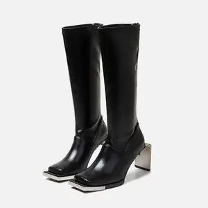 2024 Custom Women's Leather Cowboy Knee High Boots 6cm Metal Block Heel Square Steel Toe PU Insole Winter Autumn Western Style