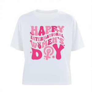 T-shirt per la festa internazionale della donna, top corto da donna, stampa con lettere rosa, casual, primavera estate, 100% cotone jersey - Product Image 1