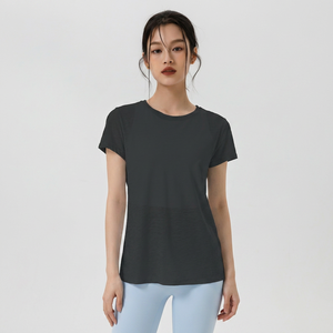 T-shirt de yoga pour femme à dos croisé et découpes, col rond, coupe ample, manches courtes, haut de sport athlétique, séchage rapide, léger, pour Pilates - Product Image 3