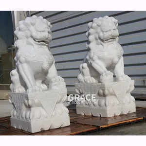Outdoor Decoration Real Size Natural Marble Fu Foo Dog Statue Hand Carving Stone Sculpture