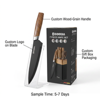 Ensemble de 7 couteaux de chef en acier inoxydable avec revêtement noir, manche en bois grainé, logo personnalisé, étiquette privée, vente en gros