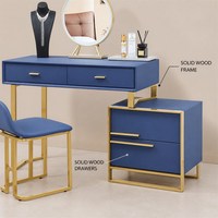 Ensemble de coiffeuse avec cadre en bois massif, finition bleue capitonnée, miroir LED trois couleurs, commode à trois tiroirs, meuble de chambre à coucher