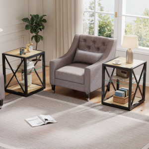 Modern <b>End</b> <b>Table</b> Set of 2 Tempered Glass Wood Top Industrial Style Side <b>Table</b> for Bedroom Living Room - Product Image 2