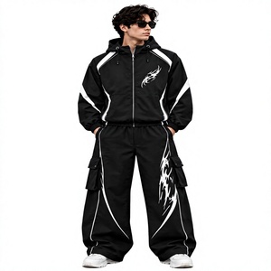 Chándal Ligero Unisex con Estampado de Llamas en Blanco y Negro, 2 en 1, con Capucha, Manga Larga, Corte Holgado, Deportivo, Transpirable, de Poliéster, para Primavera - Product Image 1