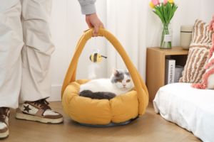 Weiches Cord-Haustierbett Rundes Katzen- und Hundebett mit Griff Niedliches Blumendesign - Product Image 2