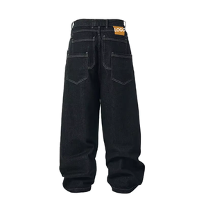 Pantalones Vaqueros de Mezclilla Cruda con Parches de Cuero Personalizados, Bolsillos Dobles, Estilo Retro, de Alta Calidad, para Hombre, Corte Holgado, Estilo Nave Stacked - Product Image 3