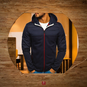 Men's Navy Blue Hooded <b>Zipper</b> <b>Jacket</b> Regular Fit Windproof Casual Solid Color Worsted Eco-Friendly Fleece Outerwear Autumn Wear - Product Image 2