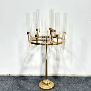 Wholesale Table Top Brass Plated Metal Gold Color Candelabra With Glass Covers For Wedding Decoration