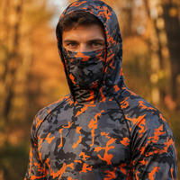 Vêtements de chasse en polyester sublimé personnalisés, camouflage, OEM ODM, veste tactique orange vif avec capuche intégrée et masque