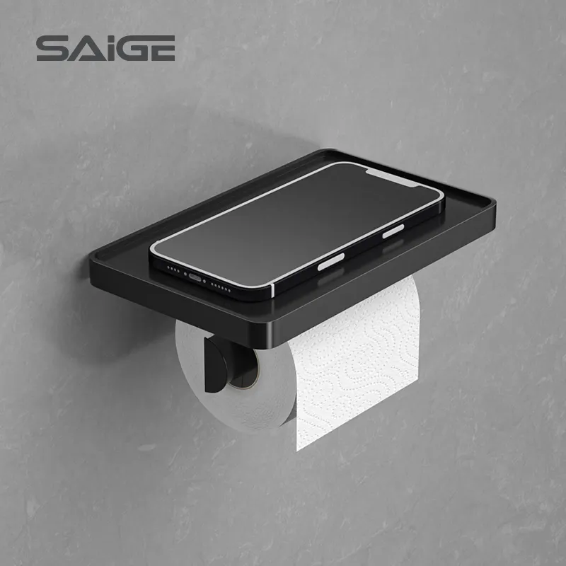 Saige New Wall Mount Plastic Black/White Toilet Tissue Paper Towel Holder with Shelf