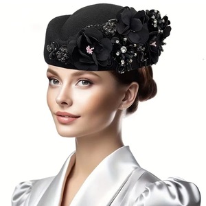 Sombrero de turbante de fieltro Vintage para mujer, tocado Derby de iglesia con flores, boina suave para mujer, gorras para fiesta, sombrero de azafata de aerolínea - Product Image 3