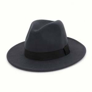 Chapeau Fedora élégant pour homme en feutre 100% laine à large bord avec bande imprimée noire - Product Image 2