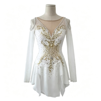 Robe de patinage artistique à manches longues et dos ouvert en strass or blanc, tissu en maille pour enfants et adultes, compétition sur glace
