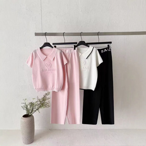 Completo da <span class=keywords><strong>donna</strong></span> elegante e casual a maniche corte in nylon/<span class=keywords><strong>cotone</strong></span> lavorato a maglia, anti-piega, nuovo design primavera 2026, per il commercio transfrontaliero - Product Image 3