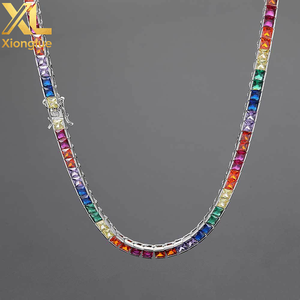 Collar de cadena tipo tenis con circonita cúbica cuadrada de colores, engaste de tensión de cobre brillante, centro de perla brillante, geométrico, para compromiso - Product Image 5