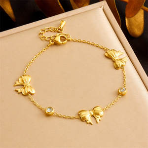 Gold Plated Bowknot Necklace Earring <b>Bracelet</b> <b>Set</b> Women's Everyday Wear Jewelry Stainless Steel Chain With Diamond Inlay - Product Image 3