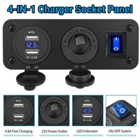Prise de chargeur de voiture 3-en-1, panneau avec double port USB 4.8A, voltmètre LED, interrupteur à bascule 3 broches ON-OFF, prise allume-cigare 12V