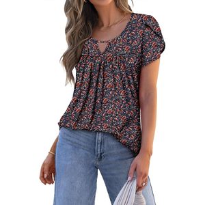Blusa Túnica con Estampado Floral para Mujer, Manga Corta, Cuello Redondo, Estilo Bohemio, Informal, Veraniego, Tejido Transpirable, Elegante - Product Image 4