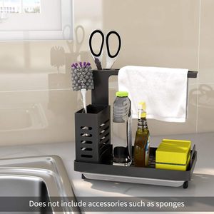 Akw organisateur de caddie d'évier de cuisine, porte-éponge de cuisine pour évier avec bac de vidange, porte-torchon brosse à <span class=keywords><strong>savon</strong></span>, comptoir, <span class=keywords><strong>noir</strong></span> - Product Image 2