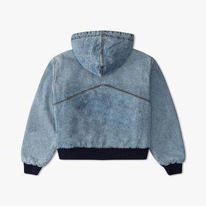 ODM Sweat à capuche en jean pour homme, zippé à double fermeture éclair, avec poignets côtelés, style décontracté, effet délavé vintage - Product Image 2