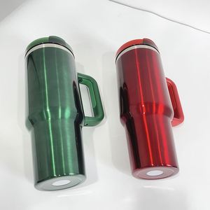 Gobelet H2.0 40oz avec poignée et paille, aspect métallique brillant, rouge et vert, pour sublimation, cadeau de Noël - Product Image 3
