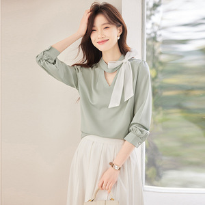 French Style Satin Bow Neck Lantern Sleeve Long Sleeve Shirt For Women Spring Autumn 2025 Korean Sweet Elegant Chiffon Blouse - Product Image 3