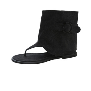 Femmes toile flip-top bottines 2025 été nouveau Style évidé Denim plat bout ouvert bottes au genou - Product Image 2