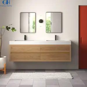 酒店浴室双水槽现代浮动壁挂式实木浴室梳妆台，带镜子洗手盆