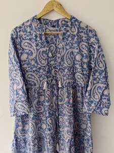 Alta calidad 100% algodón bloque Floral impreso mujer cuello en V manga larga encaje hasta la rodilla Casual fiesta desgaste estilo indio Natural - Product Image 2