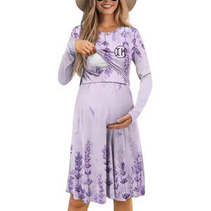 Abito da donna in cotone floreale aperto personalizzato con modeste maternità per l'<span class=keywords><strong>allattamento</strong></span> al seno manica lunga con stampa o-neck rosa - Product Image 3