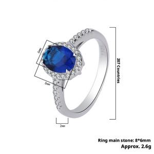 Wholesale Fashion Jewelry Eco-friendly Copper Minimalist Oval Cut 6*8MM Cubic Zirconia Blue Stone Halo <b>Ring</b> for Women Best Gift - Product Image 2