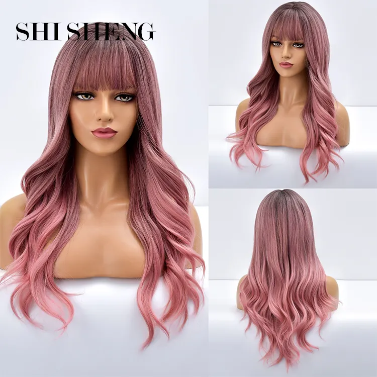 SHI SHENG Long Wavy Synthetic Wigs Ombre Black Pink Wigs for Women Cosplay Natural Middle Part Hair Wig High Temperature Fiber