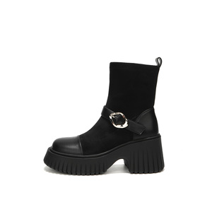Bottines pour femmes Y91232, bout rond, talon épais, plateforme, boucle, antidérapantes, noires, bottes tendance, 5CM 8CM - Product Image 5