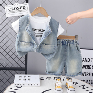 Conjunto de Ropa de Verano 2025 para Niños, Pantalones Cortos de Manga Corta, <span class=keywords><strong>Chaleco</strong></span> <span class=keywords><strong>Vaquero</strong></span> para Niños y Niñas, Traje de Tres Piezas, Jeans Elegantes al por Mayor - Product Image 2