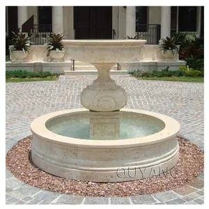 QUYANG Garden Decoration Yard Round Pool Waterfall Travertine Natural Stone Fountain Marble Outdoor Water Fountain with lights