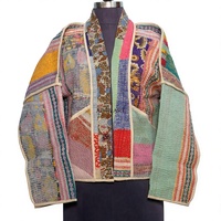 Veste Kantha en Coton Tricoté 100% ART&ART, Style Ethnique Multicolore, Broderie Denim, Boutons Faits Main, Vintage – Vente en Gros