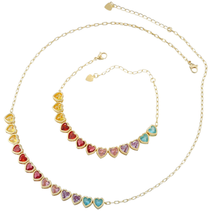 Ensemble de bijoux collier et bracelet en forme de cœur, couleurs bonbons tendance 2024, plaqué rhodium, zircone colorée, cadeau de mariage - Product Image 1