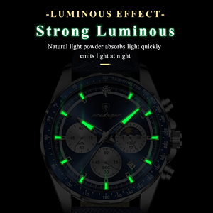 Poedagar 879 <strong>Mens</strong> Chronograph <strong>Watch</strong> Genuine Leather Tachymeter <strong>Blue</strong> Dial Quartz Wristwatch Waterproof Luminous Sport <strong>Watches</strong> - Product Image 3
