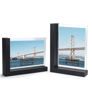 Venta al por mayor de base en forma de L de madera negra con vidrio, imágenes de fotos de pantalla de doble cara 5 por 7 pulgadas Vertical Horizontal para