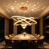 Lustre LED Anneau Doré Français 50W avec Projection Ciel Étoilé et Lune, Hauteur Réglable, Suspension 110V 3CCT 30/40/60cm pour Salon