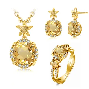 French Noble Classic Jewelry Set Luxury Party Round Citrine Gold Ring Sterling Silver Women Jewellery Sets