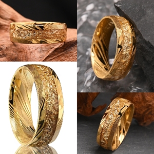 Bagues Tendance en Acier de Damas Doré 8mm avec Incrustation Fil d'Or et Feuille d'Or, Bague de Mariage et Fiançailles de Luxe pour Hommes - Product Image 2