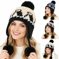 Bonnet tricoté pour femme avec protection des oreilles pour l'hiver, motif pingouin de dessin animé, doublure polaire, sangle sous le menton et pompons